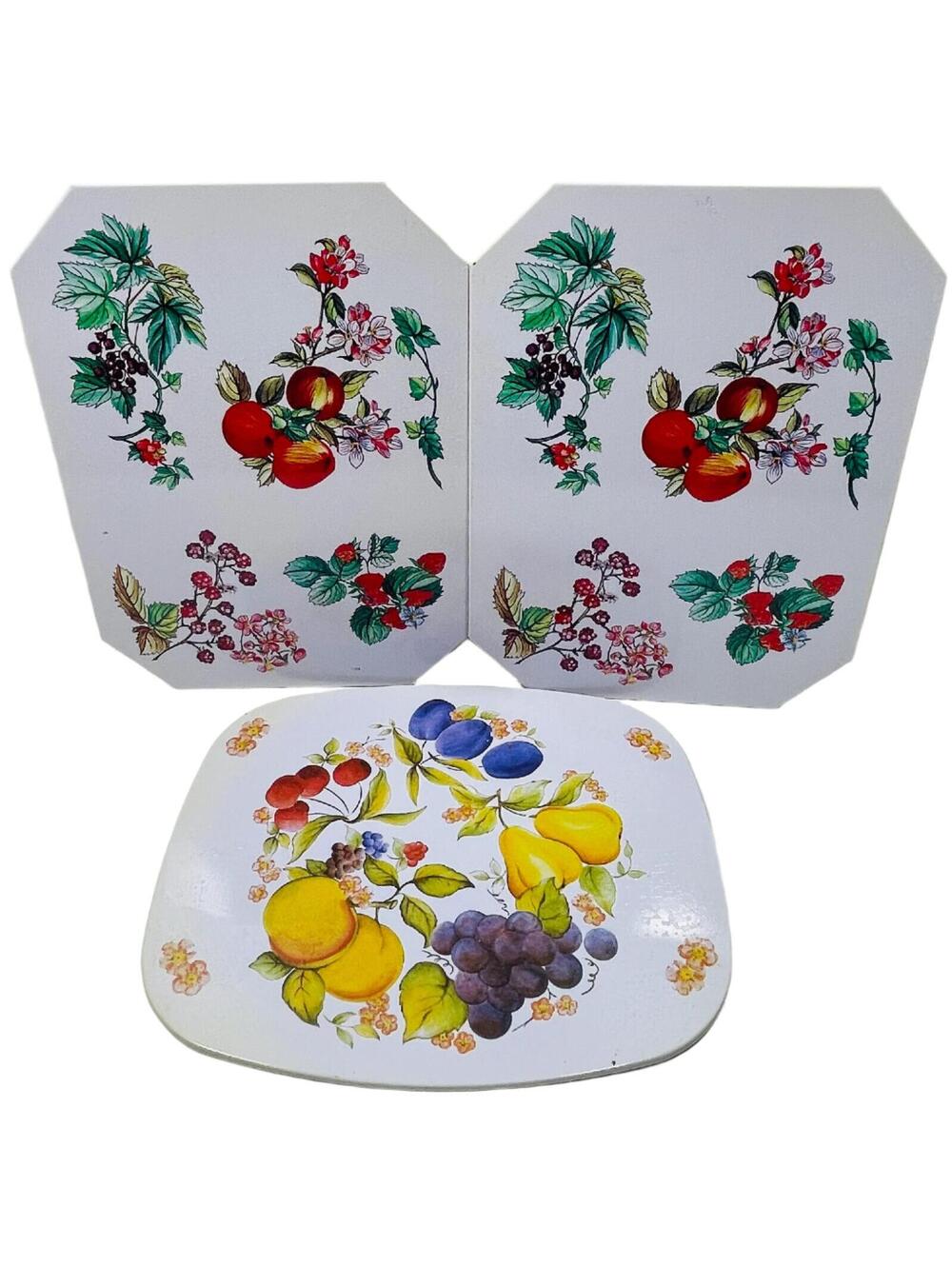 Vintage Fruit Pattern Metal Hot Pad Set Fruit & Flowers 3 PC